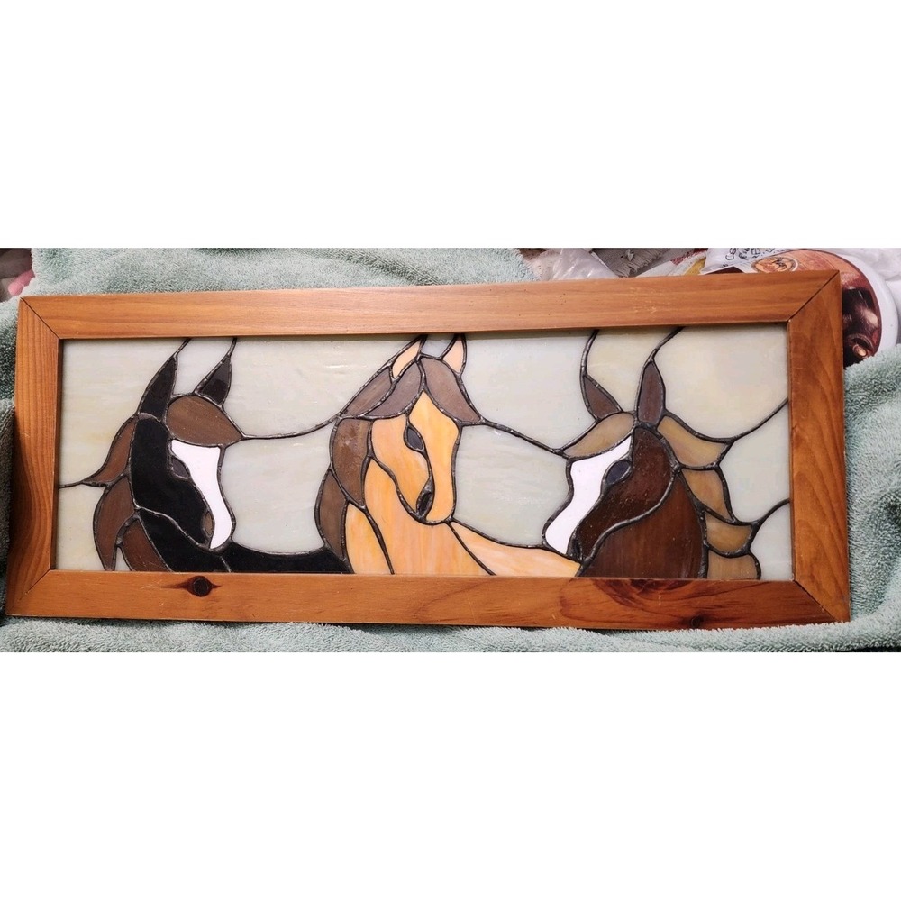 Vintage Large Handmade Stained Glass Horses Panel Window Art 20 X 8" Cottagecore